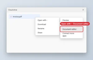 Cloud drive right-click menu with Open with and the document editor option highlighted