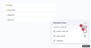 Cloud drive upload progress panel in the bottom-right corner with Cancel and the X next to an uploading file highlighted