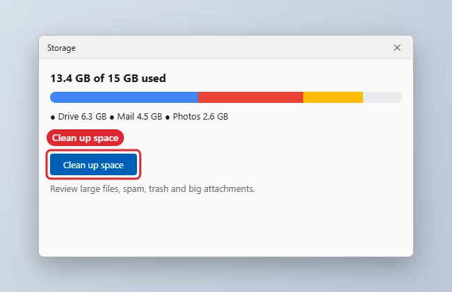 How to Manage and Free Up Google Storage 1 Cloud storage page showing usage by service with the Clean up space button highlighted
