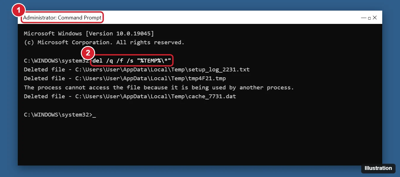 How to Delete Temporary Files in Windows 10 Using CMD 1 Administrator Command Prompt window running the del command to delete files in the TEMP folder