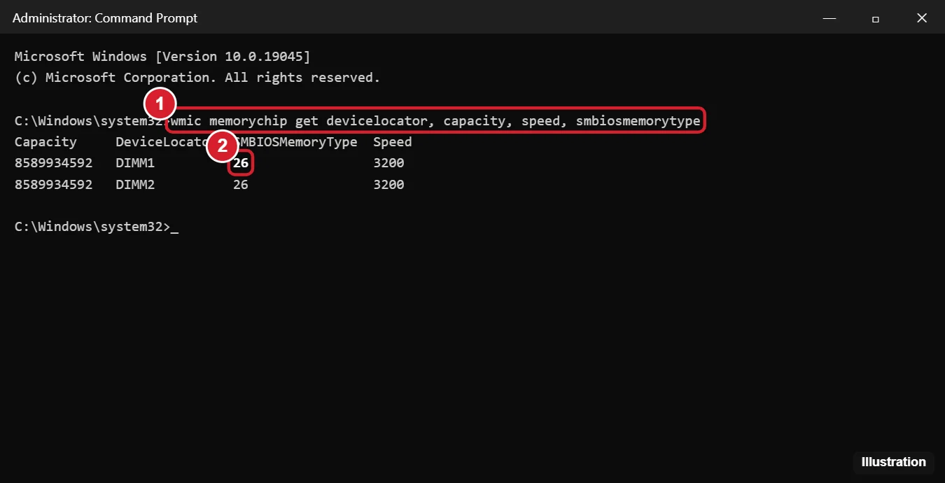 Command Prompt showing a memory query command and the SMBIOSMemoryType value highlighted