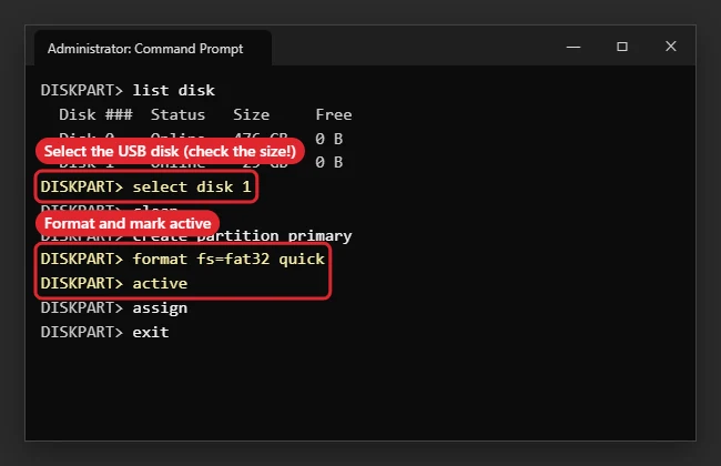 How to Make a Bootable Windows 10 USB Using CMD (diskpart) 1 Command Prompt running diskpart commands to prepare a USB drive for a bootable installer