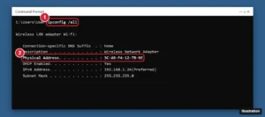 Command Prompt showing ipconfig /all output with the Physical Address line highlighted for the Wi-Fi adapter