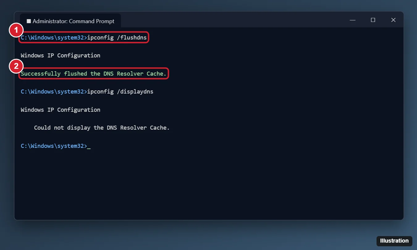 How to Clear the DNS Cache in Windows 10 (Flush DNS) 1 Administrator Command Prompt showing ipconfig /flushdns and the message Successfully flushed the DNS Resolver Cache