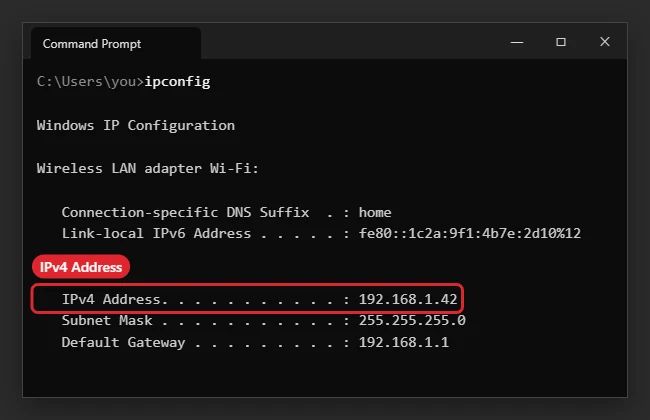 Command Prompt showing ipconfig output with the IPv4 Address line highlighted
