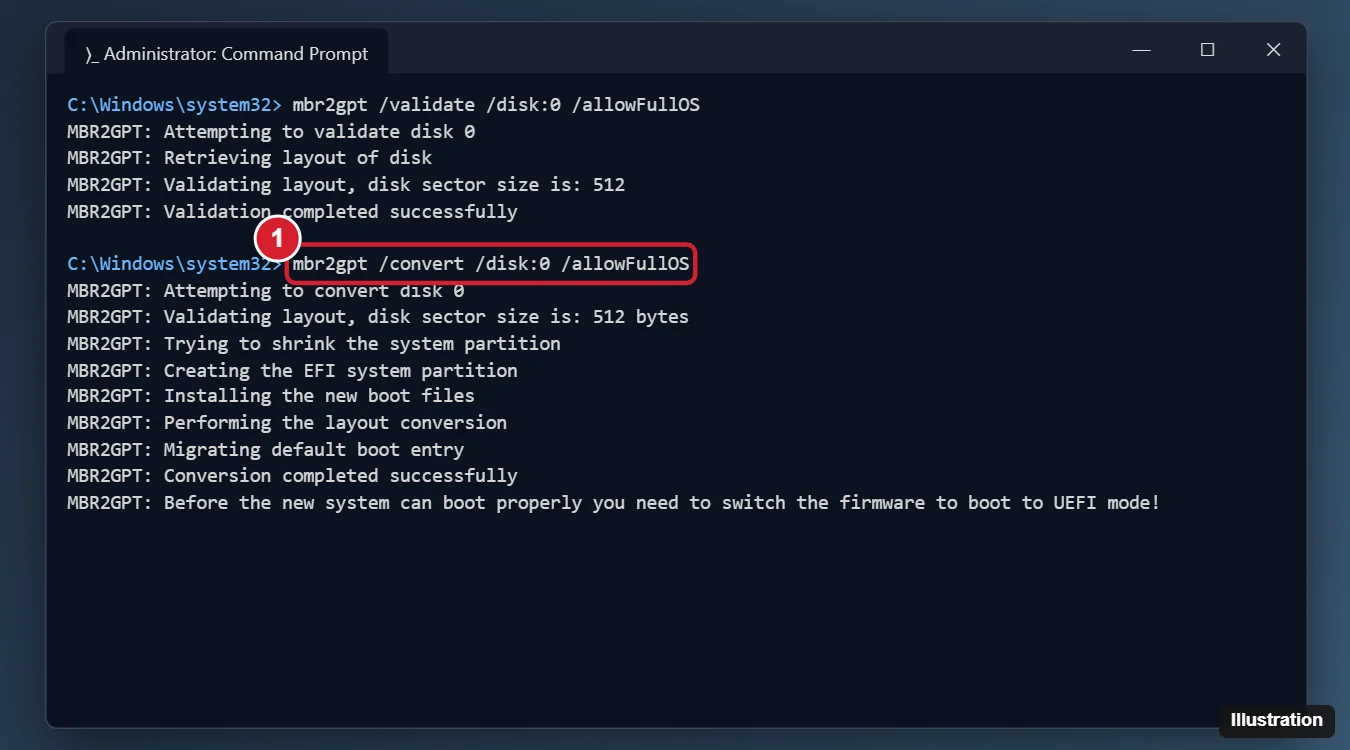 How to Change Legacy BIOS to UEFI Without Reinstalling Windows 10 1 Administrator command prompt showing the mbr2gpt validate command succeeding and the convert command completing the MBR to GPT conversion