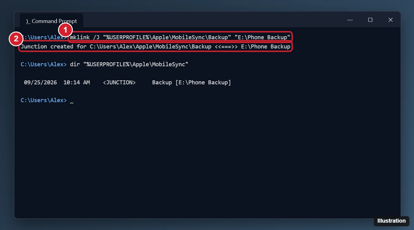 How to Back Up an iPhone to an External Hard Drive on Windows 11 1 Command Prompt running mklink J to link the phone backup folder to an external drive, with the command and the Junction created message highlighted