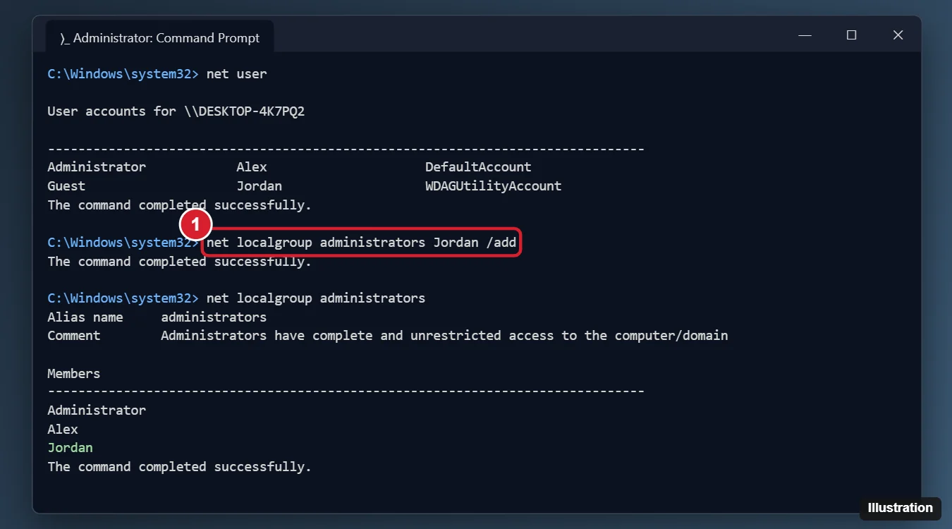 How to Make a User an Administrator in Windows 10 With CMD 1 Administrator Command Prompt showing net user listing accounts, then net localgroup administrators adding the user Jordan and confirming the Administrators group members