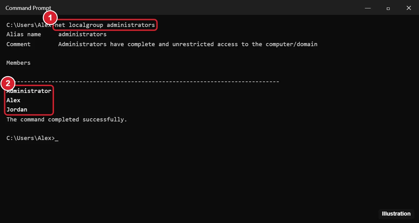 Command Prompt showing the net localgroup administrators command and the list of administrator accounts highlighted