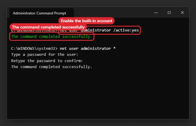 How to Enable the Administrator Account in Windows 10 With CMD 1 Administrator Command Prompt enabling the built-in administrator account with net user