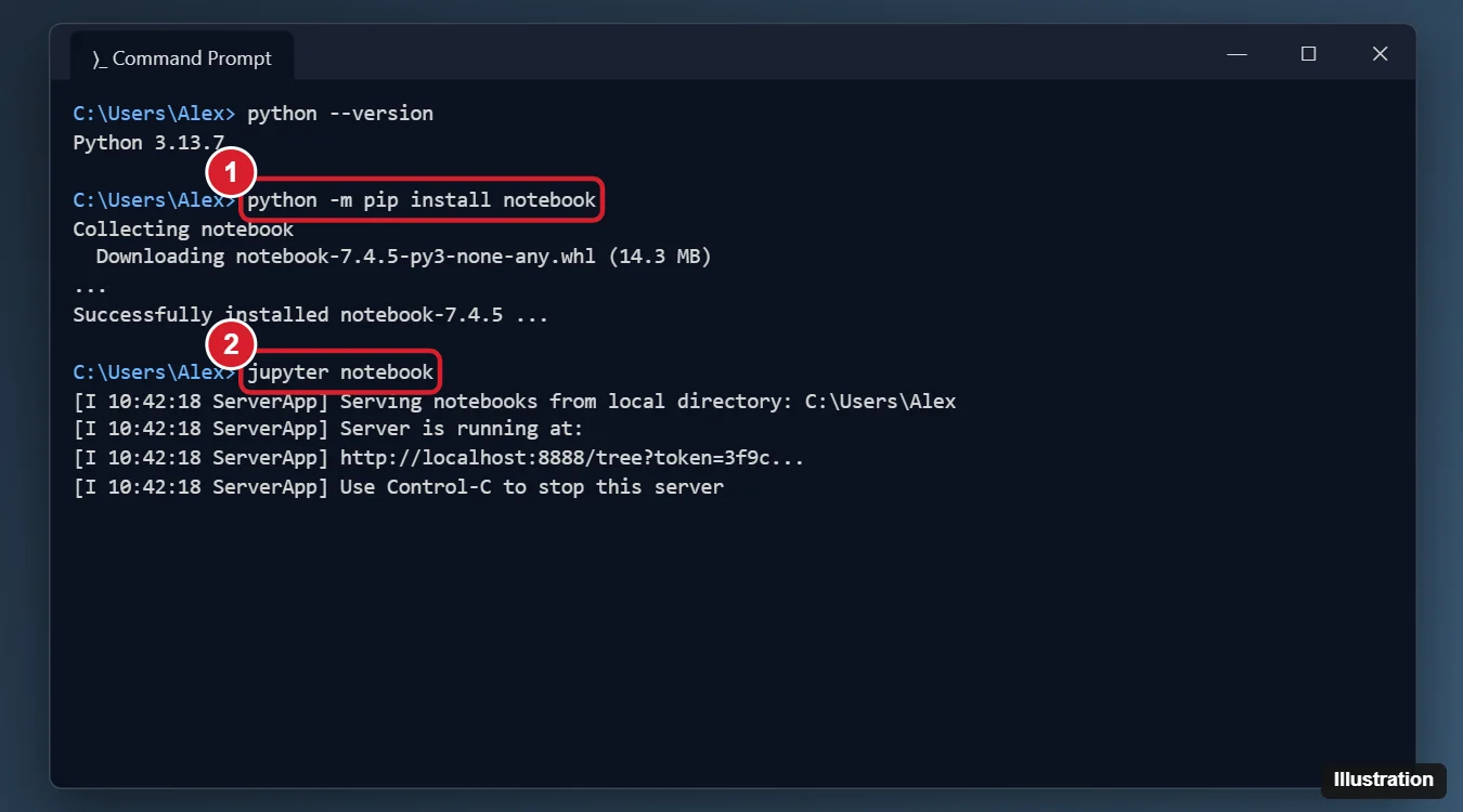 How to Install Jupyter Notebook on Windows 10 and 11 1 Command prompt showing the Python version check, a pip install command for the notebook package, and the command that launches the notebook server in the browser