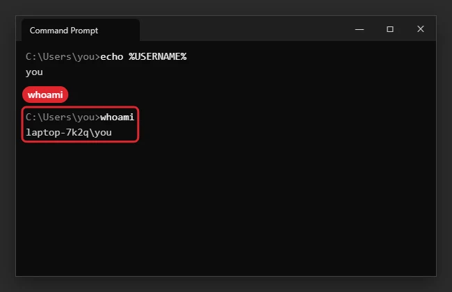Command Prompt showing the whoami command and the computer and user name
