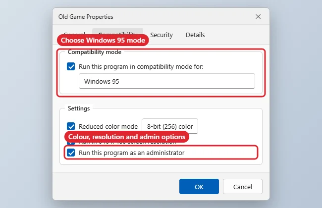 Program Properties Compatibility tab set to Windows 95 with reduced colour and 640 x 480 options