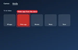 Game console media home screen with a video app tile highlighted