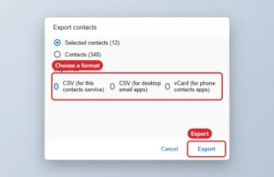 Web contacts app Export contacts dialog with CSV selected and an Export button