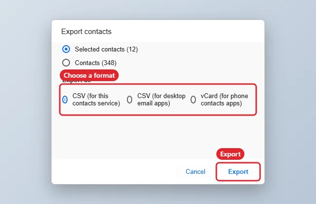 How to Export Gmail Contacts 1 Web contacts app Export contacts dialog with CSV selected and an Export button