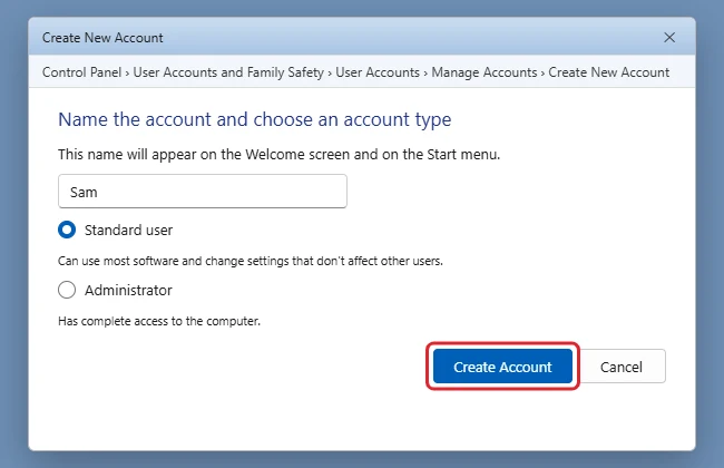 How to Create a User Account in Windows 7 1 Control Panel Create New Account page with a name typed, Standard user selected, and the Create Account button highlighted