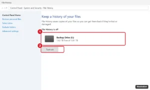 Control Panel File History page showing an external drive with free space and the Turn on button highlighted