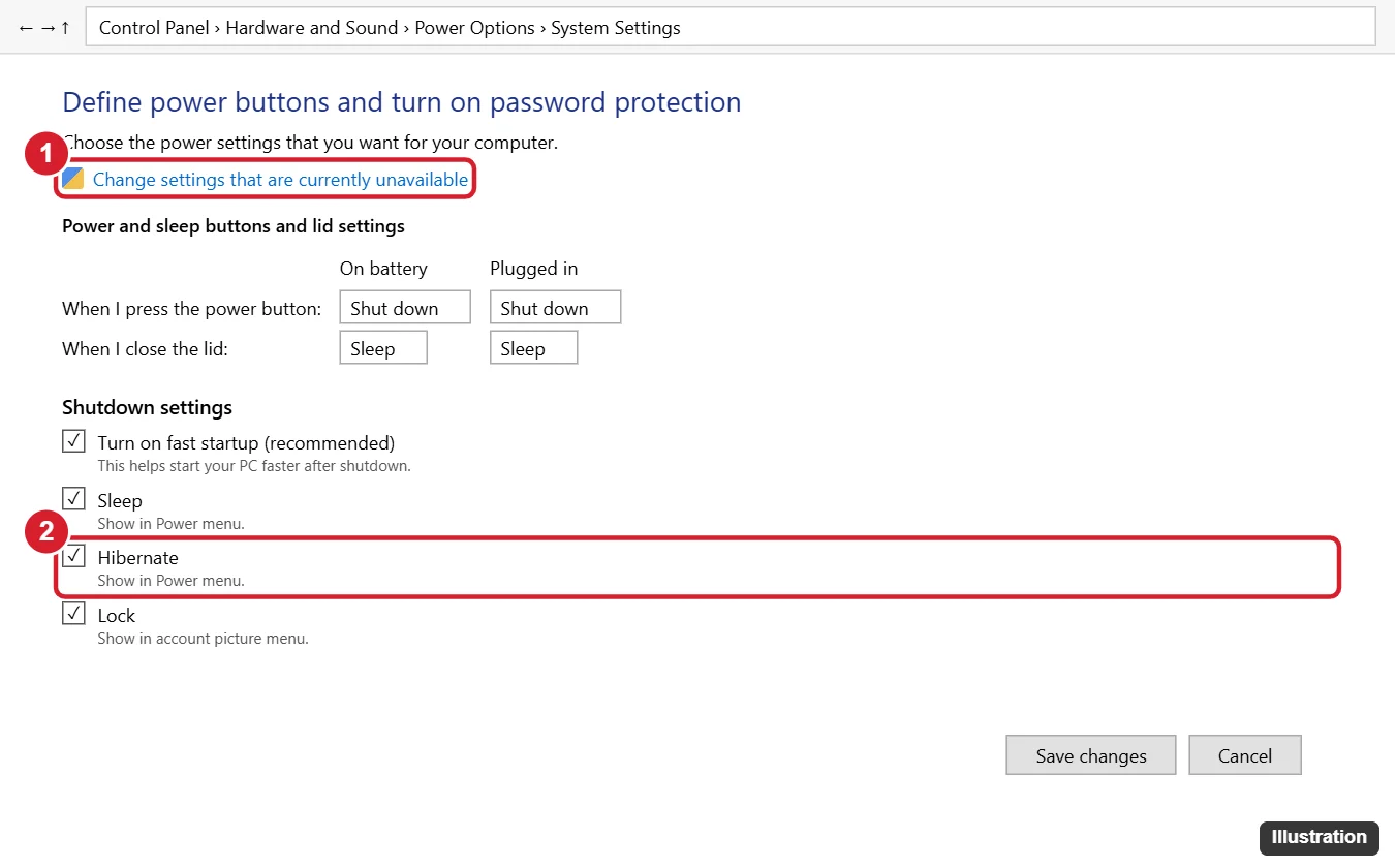 Control Panel System Settings page with Change settings that are currently unavailable and the Hibernate checkbox under Shutdown settings highlighted