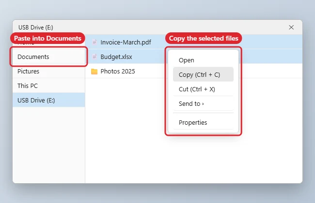 How to Transfer Files From a USB Drive to a Laptop (Windows 11) 1 USB drive open in File Explorer with files selected and the Copy command highlighted