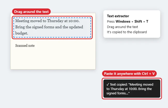 How to Copy Text From an Image in Windows 10 1 Text extractor selection drawn around text in an image with a copied confirmation