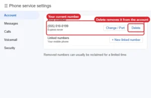 Phone service Account settings with the number and a Delete button