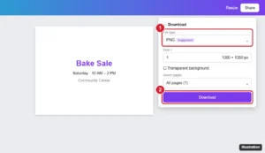 Online design tool Download panel with PNG selected as the file type and the Download button highlighted
