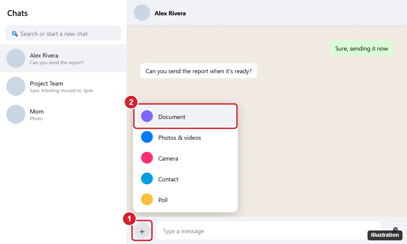 Desktop messaging app chat window with the attach button and the Document option highlighted