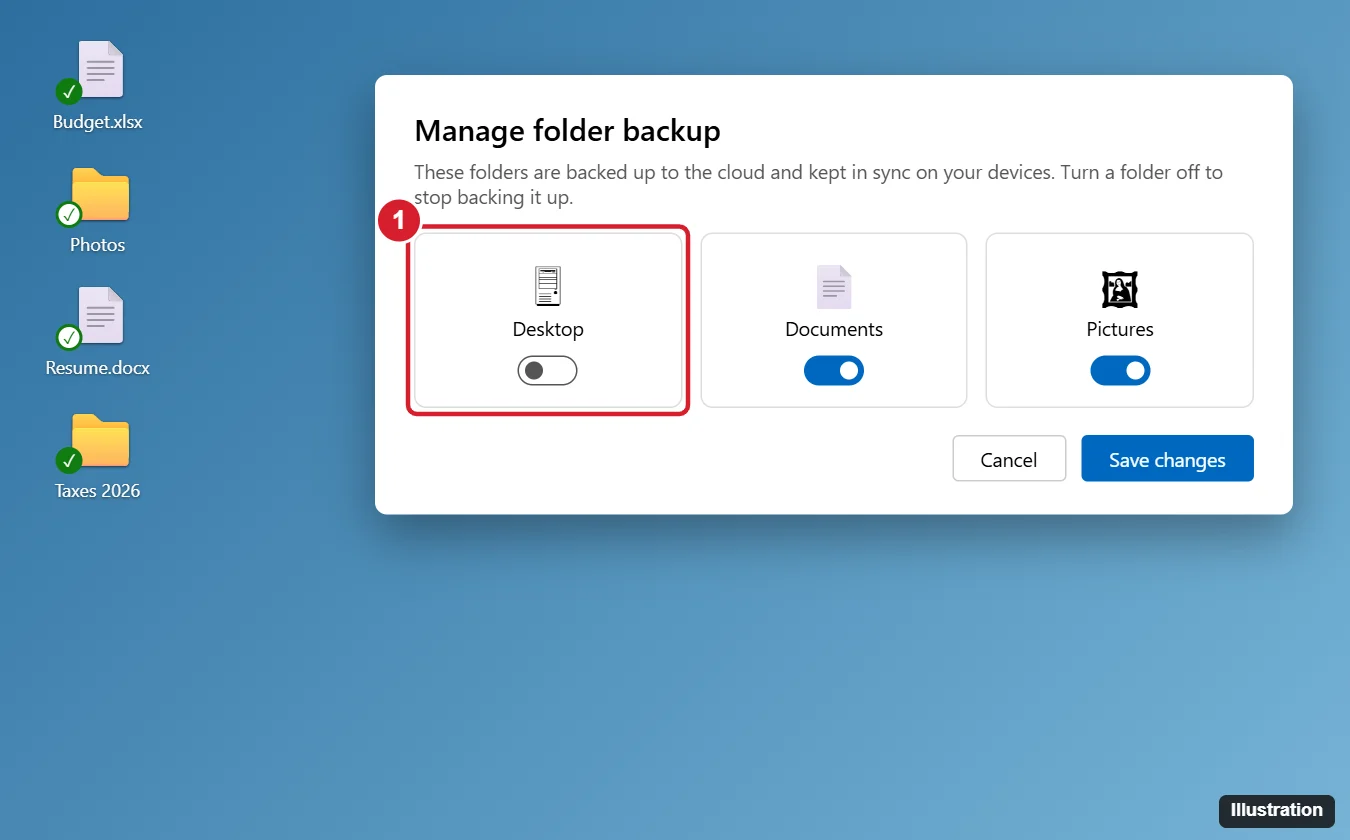 How to Remove Green Check Marks From Desktop Icons in Windows 10 and 11 1 Desktop icons with green check mark sync badges next to a cloud backup settings dialog where the Desktop folder backup switch is highlighted
