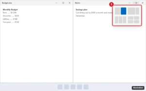 Desktop with two app windows snapped side by side and the snap layouts menu open from the maximize button, with the two-column layout highlighted