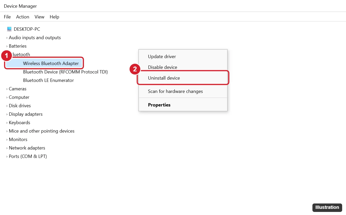 How to Reinstall the Bluetooth Driver on Windows 10 1 Device Manager with the Bluetooth category expanded, the wireless Bluetooth adapter right-clicked and Uninstall device highlighted