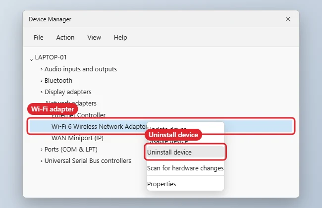 How to Reinstall the Wi-Fi Driver in Windows 11 1 Windows Device Manager with Network adapters expanded and the right-click menu on the Wi-Fi adapter showing Uninstall device