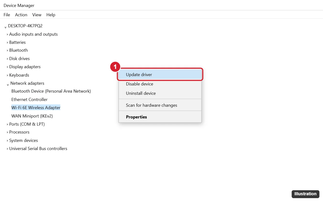 How to Update Network Drivers in Windows 11 1 Device Manager with Network adapters expanded, a wireless adapter right-clicked and Update driver highlighted in the menu