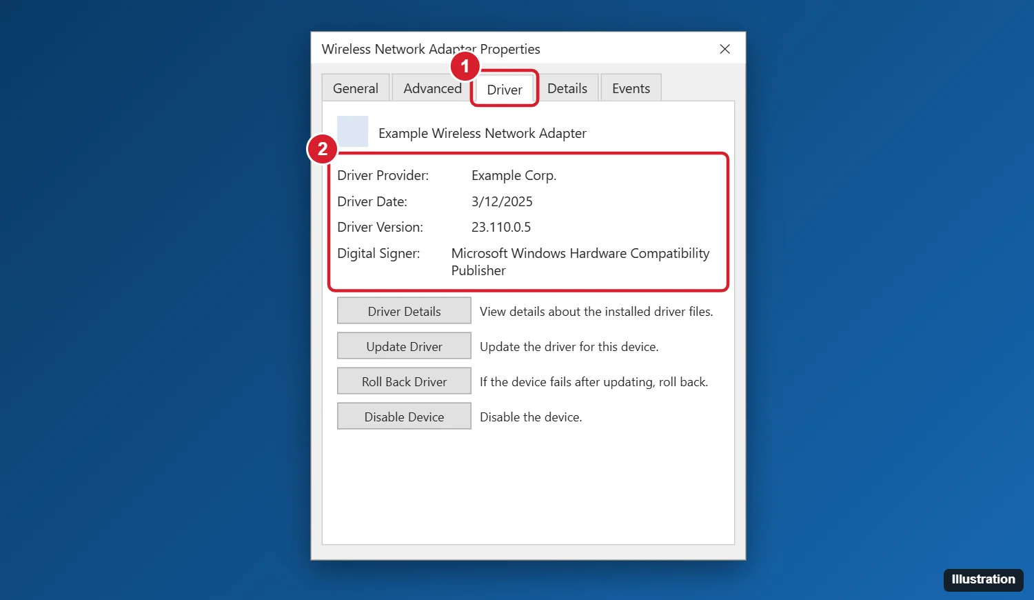 Windows device Properties dialog on the Driver tab showing driver provider, date, and version highlighted