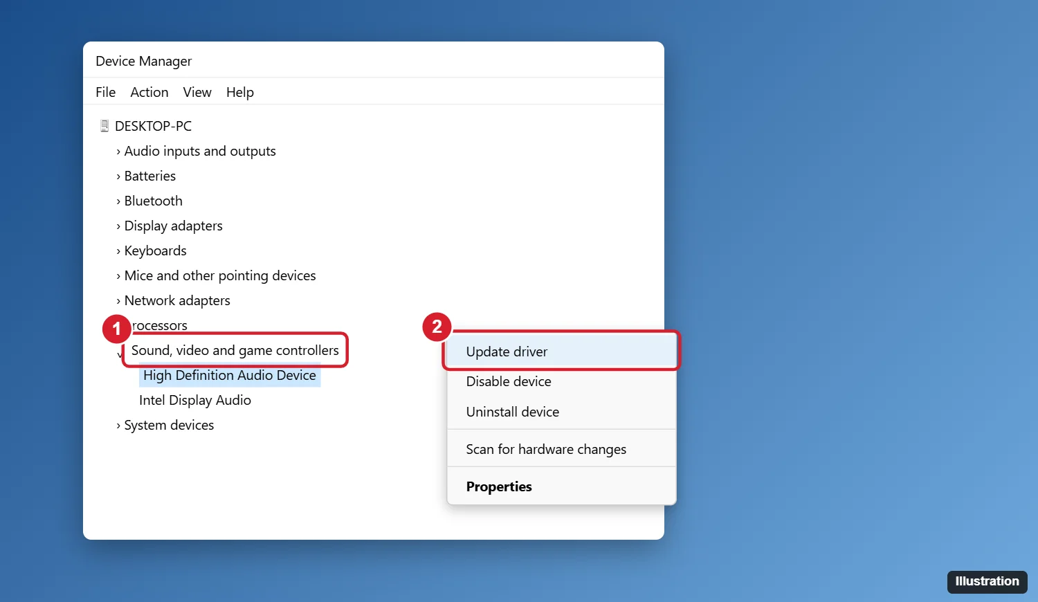 How to Update Audio Drivers on Windows 11 1 Windows 11 Device Manager with Sound, video and game controllers expanded and Update driver highlighted in the right-click menu