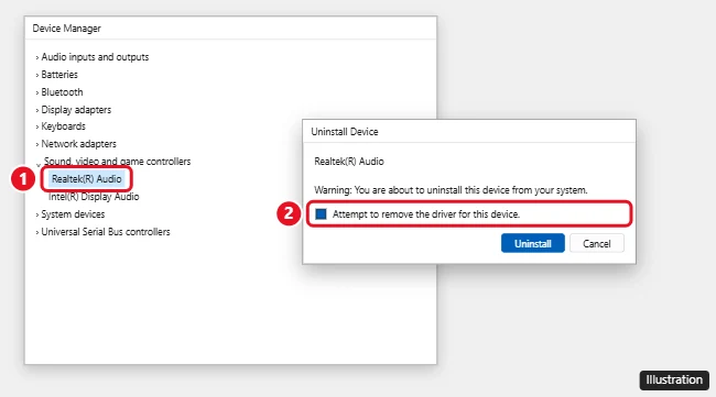 How to Uninstall and Reinstall Audio Drivers in Windows 11 1 Device Manager with Sound, video and game controllers expanded and the Uninstall device dialog with Attempt to remove the driver checked
