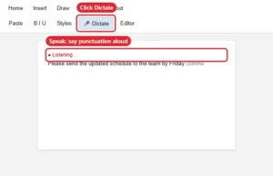 Document Home tab on a Mac with the Dictate microphone button active and listening