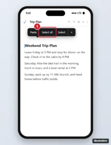 Document editing app on a phone with the pop-up menu open after a long press and Select all highlighted