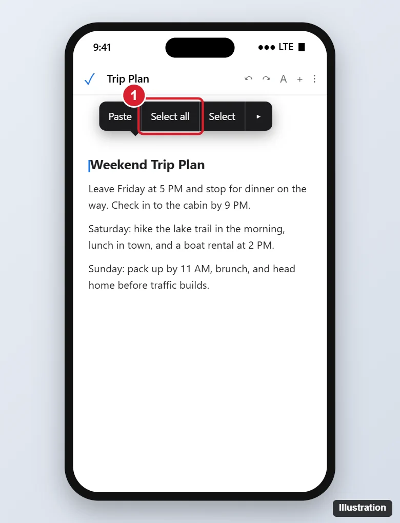 How to Select All in the Google Docs iPhone App 1 Document editing app on a phone with the pop-up menu open after a long press and Select all highlighted
