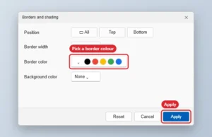 Document editor Borders and shading panel with a border colour palette open