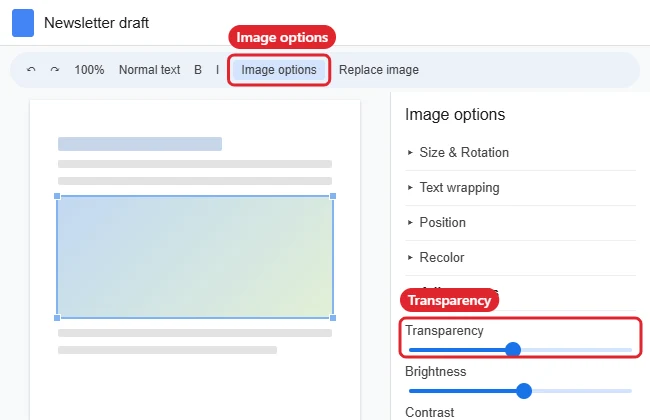 Online document editor with an image selected and the Image options panel open to Adjustments with the Transparency slider