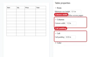 Online document editor Table properties panel with column width and cell padding settings