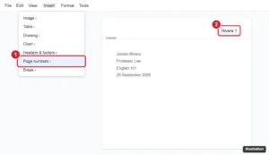 Document header with a last name and page number aligned to the top right, and the Insert Page numbers option highlighted