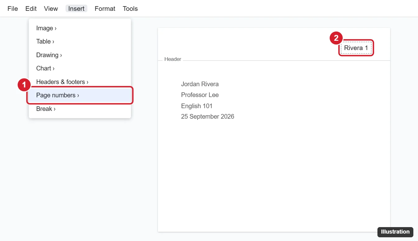 How to Add Your Last Name and Page Number to the Top Right in Google Docs 1 Document header with a last name and page number aligned to the top right, and the Insert Page numbers option highlighted