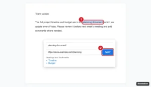 Online document with text selected and the Insert link box open with a URL pasted and the Apply button highlighted