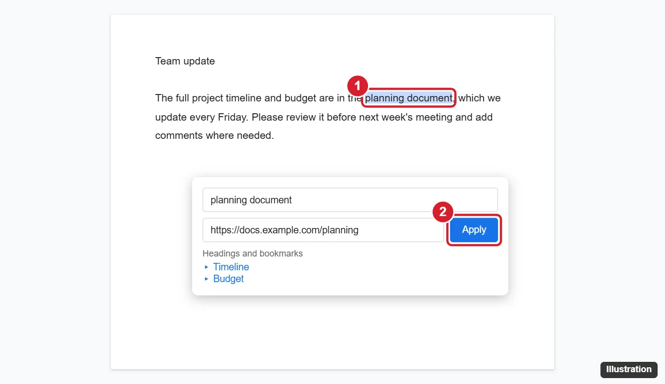 Online document with text selected and the Insert link box open with a URL pasted and the Apply button highlighted