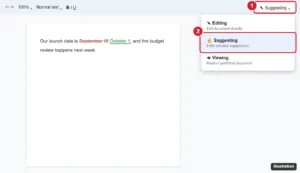 Online document editor mode menu open in the toolbar with Editing, Suggesting, and Viewing options and Suggesting highlighted