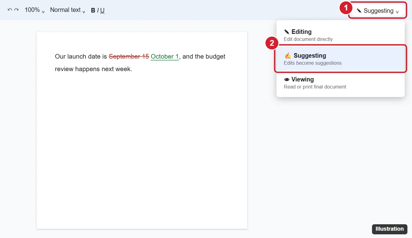 How to Switch Between Editing Mode and Suggesting Mode in Google Docs 1 Online document editor mode menu open in the toolbar with Editing, Suggesting, and Viewing options and Suggesting highlighted