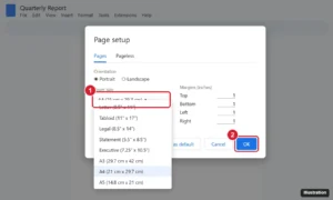Online document editor Page setup dialog with the Paper size menu open and A4 highlighted, plus the OK button