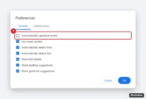 Online document editor Preferences dialog on the General tab with Automatically capitalize words unchecked and highlighted